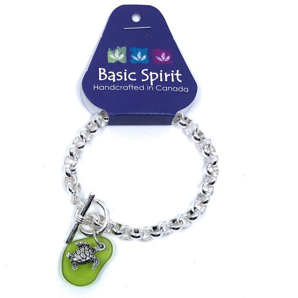 NEW Handmade Pewter Sea Turtle Charm Bracelet Green Sea Glass Ocean Jewelry Gift - Picture 2 of 2